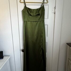 Azazie Olive Green Satin Maxi Dress
